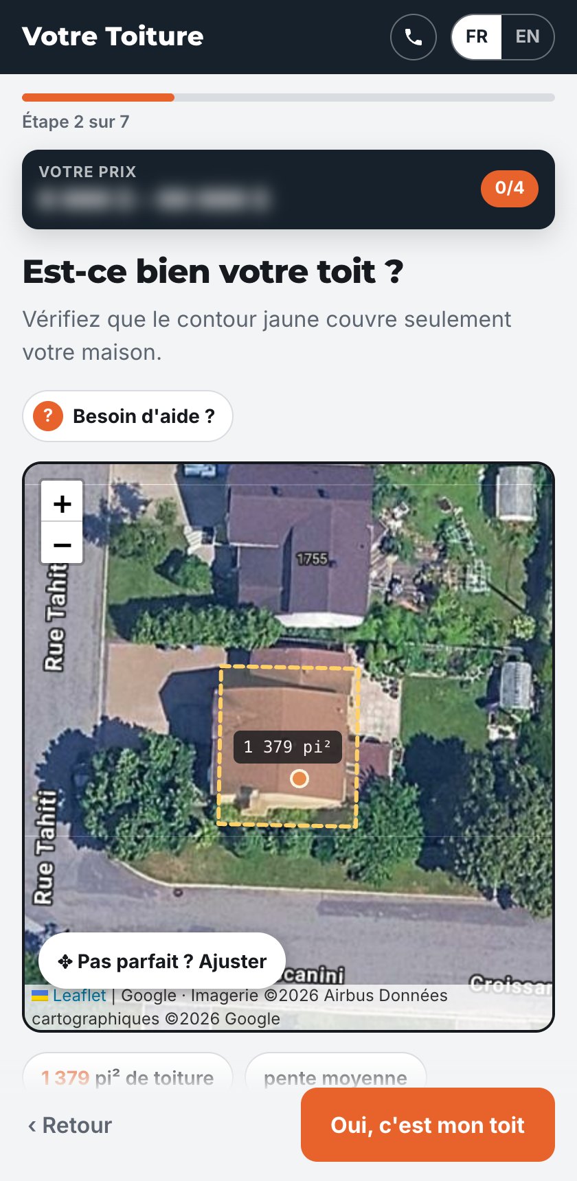 Le toit mesuré par satellite avec son contour et sa superficie